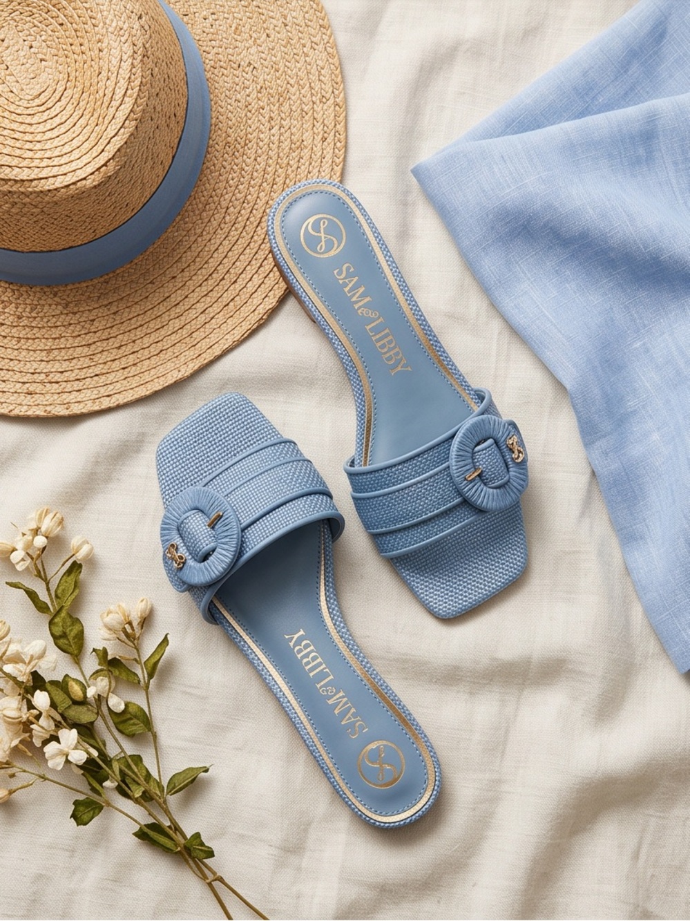 Sam & Libby Light Blue Woven Buckle Slide Mules
